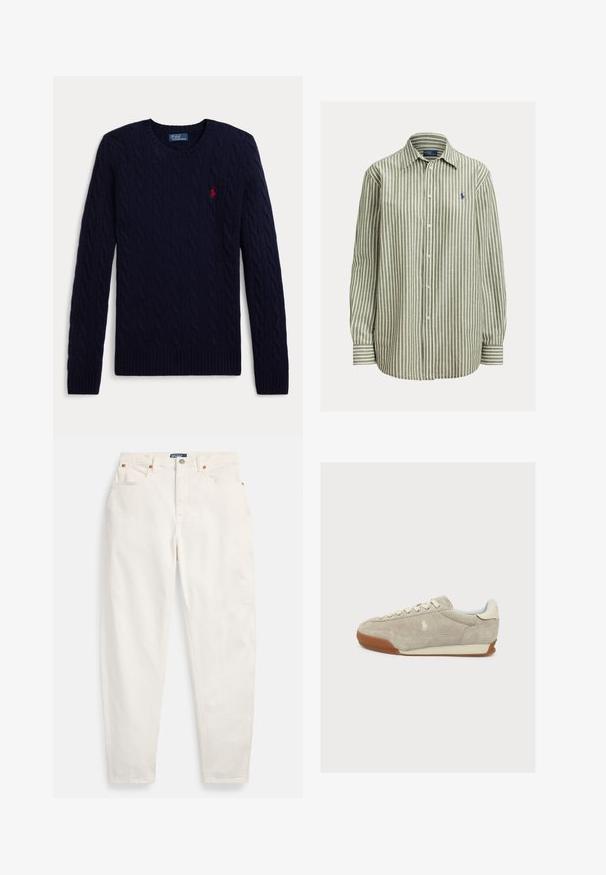 Jersey de punto de cable azul marino con mangas largas, cuello redondo, puños y bajo acanalados, con un pequeño logo bordado en rojo de un jugador de polo en el pecho.; Camisa de botones con rayas verdes y blancas, tejido de algodón, mangas largas, cuello clásico, con logo en azul marino en el pecho izquierdo, puños lisos.; Vaqueros blancos de tiro alto y pierna recta con botón y cremallera delanteros, diseño de cinco bolsillos y etiqueta de la marca Polo en la cintura.; Zapatilla de ante beige con cordones blancos, suela de goma y pequeño logotipo bordado en el lateral, vista desde la izquierda sobre fondo blanco.