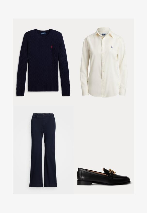 Navyblauwe kabelgebreide trui met lange mouwen, ronde hals, geribbelde manchetten en zoom, met een klein rood geborduurd polospelerlogo op de borst.; Crèmekleurig overhemd met lange mouwen, knopen, kraag en klein marineblauw geborduurd paardenlogo op de linkerborst.; Marineblauwe, uitlopende broeken van een zachte katoenmix. Voorzien van zijzakken, een knoopsluiting en gestikte zoomdetails.; Zwarte leren loafer met lage hak en gouden metalen gespdetail bovenop, van opzij getoond op een witte achtergrond.