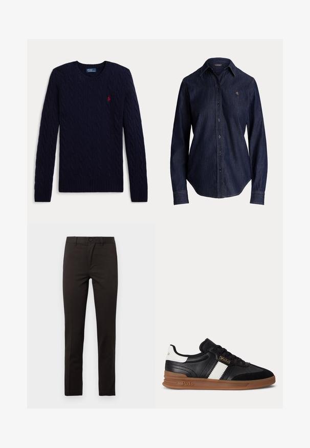 Jersey de punto de cable azul marino con mangas largas, cuello redondo, puños y bajo acanalados, con un pequeño logo bordado en rojo de un jugador de polo en el pecho.; Camisa de mezclilla azul oscuro de manga larga con botones en la parte delantera, un cuello y "RL" bordado en el pecho izquierdo.; Pantalones negros de pierna recta hechos de una mezcla suave de algodón; cuentan con un botón frontal, cremallera y dos bolsillos laterales. Diseño limpio y minimalista.; Zapatilla negra de cuero con raya blanca, suela de goma marrón y logotipo de Polo en el lateral y el talón, vista desde el lado exterior.