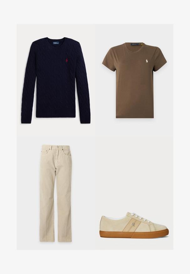 Marineblauer kabelgestrickter Pullover mit langen Ärmeln, Rundhalsausschnitt, gerippten Bündchen und Saum, mit einem kleinen roten bestickten Polo-Spieler-Logo auf der Brust.; Braunes Baumwoll-T-Shirt mit klassischem Rundhalsausschnitt, kurzen Ärmeln und kleinem weißen Logo auf der Brust. Glatte Textur, normale Passform.; Beige Cordhose mit geradem Bein, Vordertaschen, Gürtelschlaufen und Knopfverschluss, auf schlichtem Hintergrund präsentiert.; Beige Wildlederschuhe mit weißen Schnürsenkeln und Gummisohle. Auf der Seite befindet sich ein Logo, und sie haben eine glatte Textur. Klassisches Low-Top-Design.