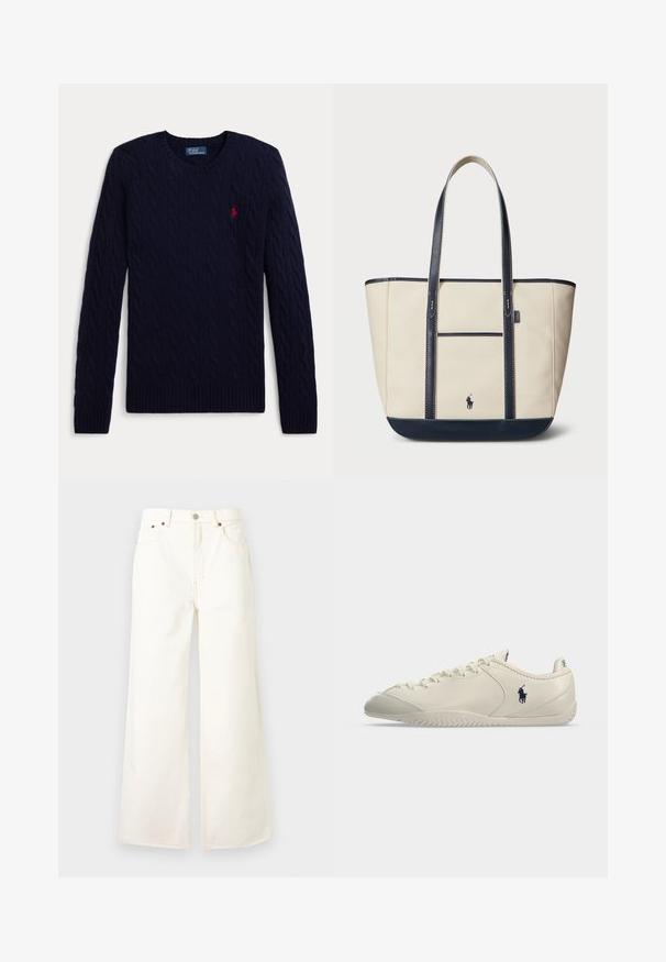 Navyblauwe kabelgebreide trui met lange mouwen, ronde hals, geribbelde manchetten en zoom, met een klein rood geborduurd polospelerlogo op de borst.; Witte wijde jeans met hoge taille, voorste knoop- en ritsluiting, vijfzakkenontwerp en koperen klinknageldetails.; Lage crèmekleurige leren sneaker met veter aan de voorkant, gestructureerde zool en zwart Polo-spelerlogo aan de zijkant.; Canvas totebag in crème met marineblauwe accenten. Beschikt over twee lange handvatten, een voorvak en een klein logo. Gestikte details door het hele ontwerp.