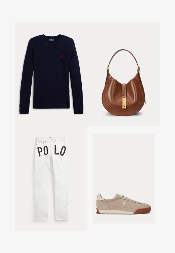 Mørkeblå kabelstrikket sweater med lange ærmer, rund hals, ribbede manchetter og kant, med en lille rød broderet polo-spiller logo på brystet.; Hvide denimjeans med frontlommer og sorte bogstaver, der staver "PO LO" tværs over det øverste lårområde på hvert ben.; Beige ruskind lavtop sneaker med hvide snørebånd, hvidt logo på siden og brun gummisål.; Brun læderhåndtaske med buet form, enkelt rem og gyldent rektangulært spændelås med en lille hestelogo foran.