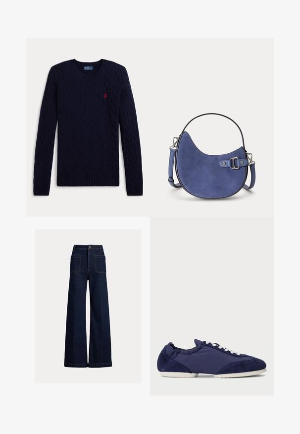 Jersey de punto de cable azul marino con mangas largas, cuello redondo, puños y bajo acanalados, con un pequeño logo bordado en rojo de un jugador de polo en el pecho.; Pantalones vaqueros de pierna ancha azul oscuro con bolsillos delanteros de parche, presillas para cinturón y cierre de botones sobre un fondo claro y liso.; Zapatillas informales de color azul marino con cordones y suela blanca, que presentan detalles de ante y un diseño de perfil bajo.; Pequeño bolso de mano curvado de ante azul con asa superior, correa de hombro desmontable y detalle de hebilla plateada sobre un fondo claro.