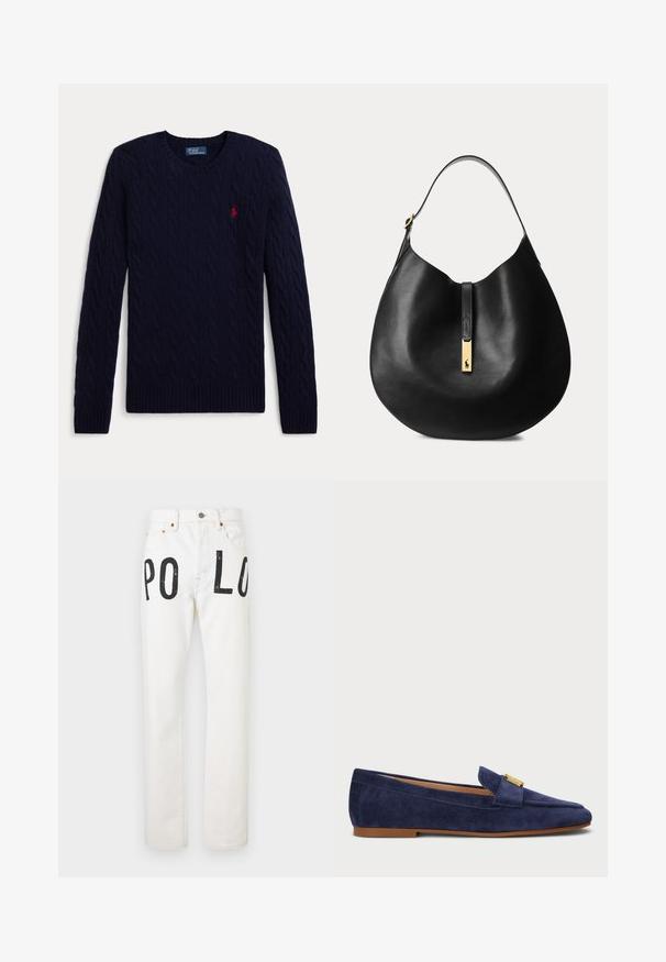 Mørkeblå kabelstrikket sweater med lange ærmer, rund hals, ribbede manchetter og kant, med en lille rød broderet polo-spiller logo på brystet.; Hvide denimjeans med sorte bogstaver "PO" på venstre lår og "LO" på højre lår, med forlommer og knaplukning.; Marineblå ruskinds loafers med en slank silhuet, der har en hardware-accent i guldtonet på forhånden og en flad gummisål.; Sort læder hobo-taske med en enkelt skulderrem og en gylden rektangulær lukning med et lille logo.