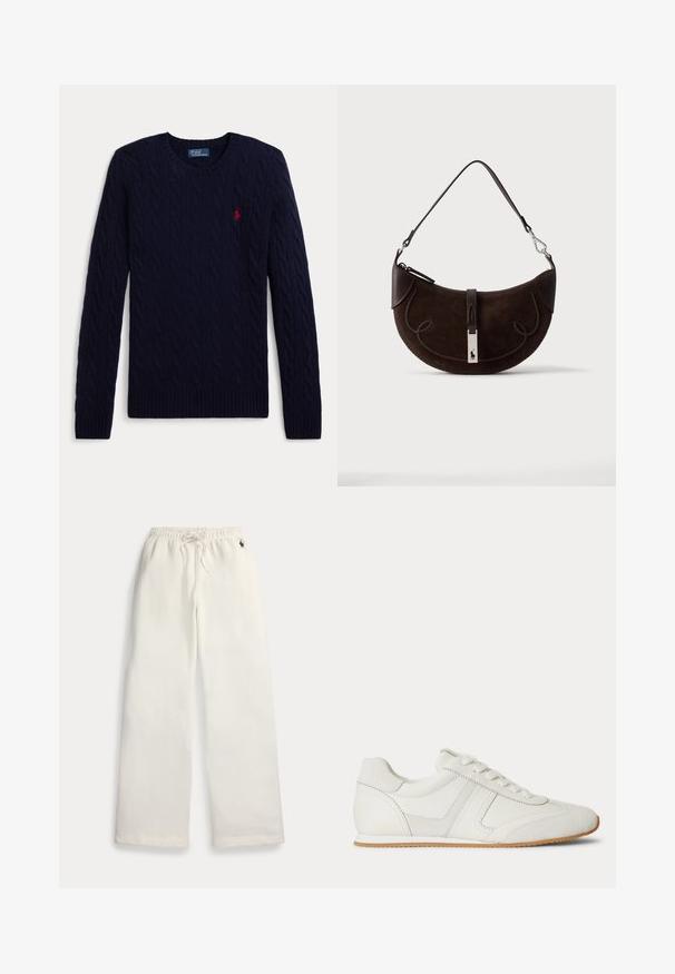 Jersey de punto de cable azul marino con mangas largas, cuello redondo, puños y bajo acanalados, con un pequeño logo bordado en rojo de un jugador de polo en el pecho.; Pantalones deportivos blancos de pierna ancha con cintura elástica, cordón, bolsillos laterales y pequeño logo azul marino cerca del bolsillo derecho.; Zapatilla blanca de corte bajo con cordones en la parte frontal, paneles de ante y cuero, y una suela de goma marrón claro sobre un fondo blanco.; Bolso de ante de color marrón oscuro en forma de media luna con ribete trenzado, correa de cuero y un cierre plateado con un pequeño logo de caballo.