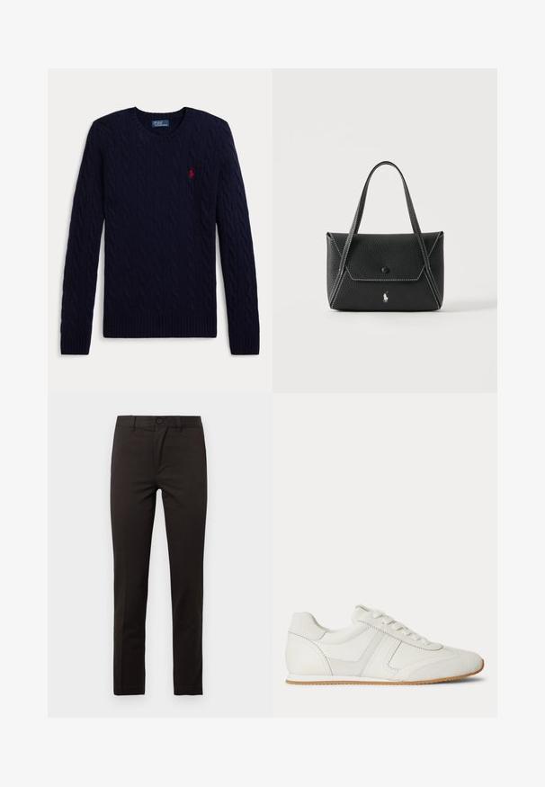 Jersey de punto de cable azul marino con mangas largas, cuello redondo, puños y bajo acanalados, con un pequeño logo bordado en rojo de un jugador de polo en el pecho.; Pantalones negros de pierna recta hechos de una mezcla suave de algodón; cuentan con un botón frontal, cremallera y dos bolsillos laterales. Diseño limpio y minimalista.; Zapatilla blanca de corte bajo con cordones en la parte frontal, paneles de ante y cuero, y una suela de goma marrón claro sobre un fondo blanco.; Bolso de mano de cuero negro con dos asas, solapa frontal con cierre de botón, costuras blancas y pequeño logo de caballo sobre un fondo liso.
