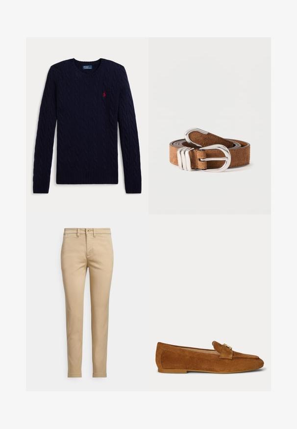 Mørkeblå kabelstrikket sweater med lange ærmer, rund hals, ribbede manchetter og kant, med en lille rød broderet polo-spiller logo på brystet.; Beige bomuldschinos med lige pasform, der har knaplukning, forlommer og syningsdetaljer langs sømmene.; Brun ruskind flad loafer med guldfarvet metallås-detalje på toppen og lav hælsål.; Brun ruskindsbælte rullet med en blank sølv metalspænde og tre metalbælter på en hvid baggrund.