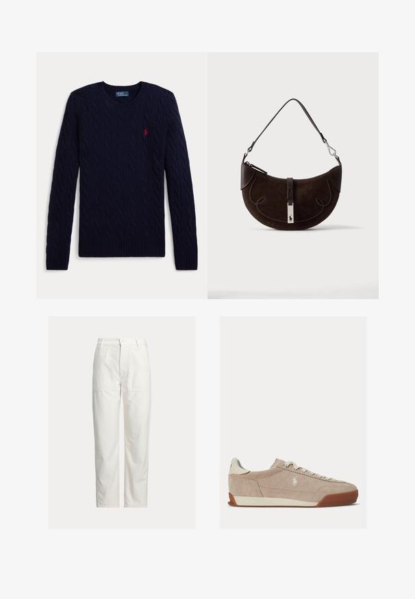 Jersey de punto de cable azul marino con mangas largas, cuello redondo, puños y bajo acanalados, con un pequeño logo bordado en rojo de un jugador de polo en el pecho.; Pantalones blancos de pierna recta con grandes bolsillos parche delanteros, trabillas para cinturón y cierre con botón en la cintura.; Zapatilla baja de ante beige con cordones blancos, logo blanco en el lateral y suela de goma marrón.; Bolso de ante de color marrón oscuro en forma de media luna con ribete trenzado, correa de cuero y un cierre plateado con un pequeño logo de caballo.