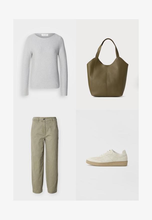 Marc O'Polo LONGSLEEVE BOAT NECK - Pullover - soft stone melange; Pantalon droit couleur kaki clair avec passants pour ceinture, fermeture par bouton et braguette zippée, présenté sur un fond uni.; Baskets en daim beige avec un design texturé, semelle en caoutchouc plate et couture latérale distincte. Bout arrondi et col rembourré.; Sac fourre-tout en cuir vert olive avec double poignée, texture lisse et design à quatre panneaux. Coutures renforcées le long des joints pour plus de durabilité.