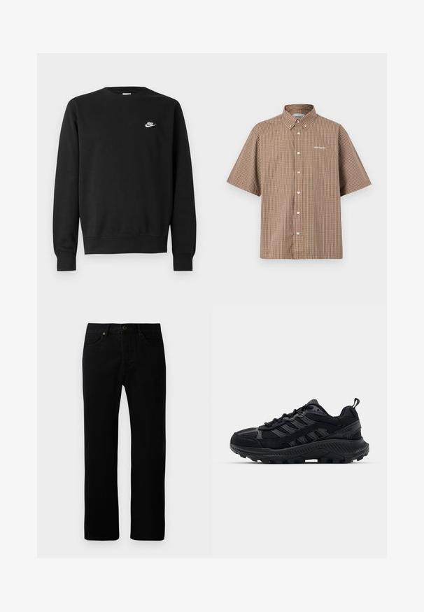 Zwarte sweater van katoen, met een ronde hals, lange mouwen en een klein wit Nike-logo aan de bovenkant van de linkerborst.; Bruine en crèmekleurige korte mouwen overhemd met knopen, met een rasterpatroon, kraag en geborduurd logo op de linkerborst.; Zwarte denim jeans met een rechte pijpdesign, vijf zakken, sluiting met voorknop en subtiele stikdetails.; Zwarte sportieve schoenen met een textuur van gaas en een bovenwerk van suede, verstevigde neus en robuute buitenzool. Voorzien van vetersluiting en aantrekhaak.