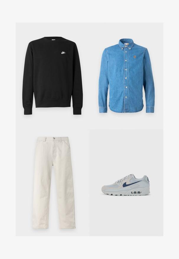 Musta puuvillainen collegepaita, jossa on pyöreä kaula-aukko, pitkät hihat ja pieni valkoinen Nike-logo vasemman rinnan yläosassa.; Vaaleansininen farkkupaita pitkillä hihoilla, napitettava kaulus ja valkoiset napit. Vasemmassa rinnassa on pieni oranssi puu-logo.; Vaaleanbeiget suoralahkeiset housut, joissa on hienovaraiset pystysuorat raidat, etukappaleen nappisuljenta, vyölenkit ja sivutaskut.; Vaaleanharmaa Nike Air Max -lenkkari, jossa tummansininen swoosh-logo, näkyvä ilmatiivistepohja ja nauhoitussuunnittelu, esitetty sivuprofiilissa.
