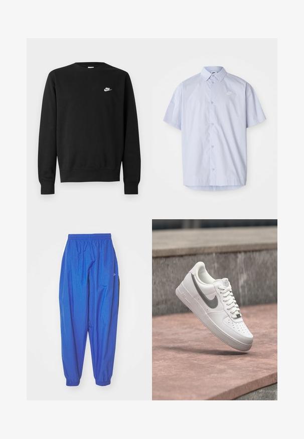 Sort sweatshirt lavet af bomuld med rund hals, lange ærmer og et lille hvidt Nike-logo på øverste venstre bryst.; Lyseblå kortærmet skjorte lavet af glat stof, med knaplukning og et lille hvidt Nike-logo på brystet.; Blå sportsbukser lavet af letvægtsstof, med elastisk talje, opsmøgte ben og hvide sidelister.; Hvid Nike Air Force 1 sneaker med gråt swoosh-logo svævende over en stensurface og en grå stenvæg i baggrunden.