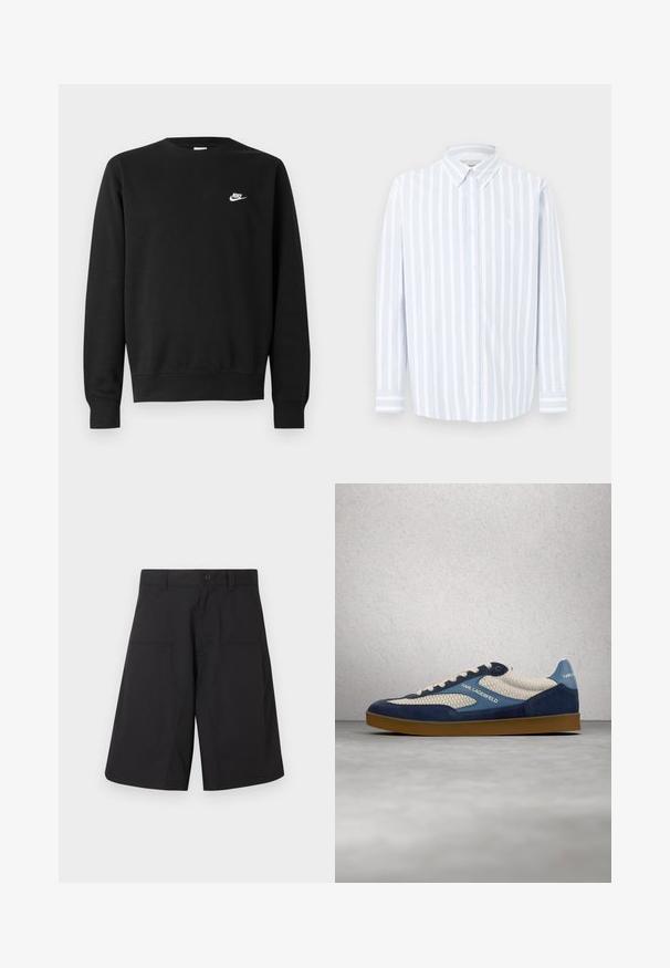 Mustast puuvillast dressipluus, millel on ümar kaelus, pikad varrukad ja väike valge Nike logo paremal ülakõhul.; Helsinist valgete triipudega helesinine triiksärk, pikkade varrukatega, nööpidega kraega, puuvillane kangas, rinnal väike logo, sirge lõige.; Mustad kerged kangast kaubashortsid, millel on nööpkinnitus ja kaks eesmist taskut ning puhas, sirge lõige.; Valge ja tumesinine Karl Lagerfeld tennisejalanõu tekstureeritud võrguga ning kummipõhjaga, hõljuv halli poleeritud põranda kohal, taustal klaaskivid.