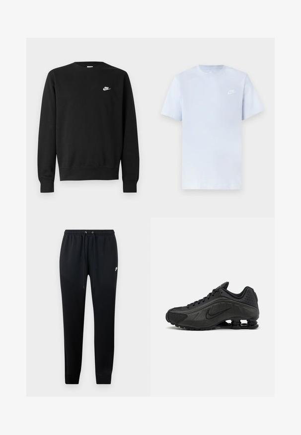 Sweat-shirt noir en coton, avec un col rond, des manches longues, et un petit logo Nike blanc sur la partie supérieure gauche de la poitrine.; T-shirt en coton bleu clair avec des manches courtes, col rond, et un logo Nike blanc imprimé sur la poitrine gauche. Texture lisse, design simple.; Un pantalon de jogging noir en tissu doux, avec une taille élastique et des cordons de serrage, des chevilles resserrées, et un petit logo sur le côté.; Baskets de course noires avec une tige en synthétique lisse, des accents perforés, des panneaux latéraux texturés et une semelle distincte et rebondissante.