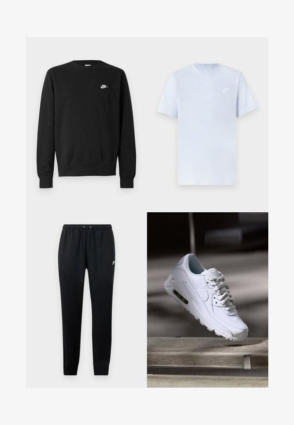 Sort sweatshirt lavet af bomuld med rund hals, lange ærmer og et lille hvidt Nike-logo på øverste venstre bryst.; Lyseblå bomulds t-shirt med korte ærmer, rund hals og et hvidt Nike-logo trykt på venstre bryst. Glat tekstur, simpelt design.; Sorte sweatshirtbukser lavet af blødt stof, med elastisk talje og snoretræk, ribbede ankler og en lille logo-detalje på siden.; Hvide lædersneakers med teksturerede overflader, polstret krave og synlig luftpolstring i sålen. Har snørrebånd og et minimalistisk design.