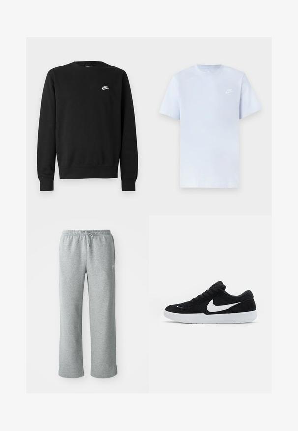Sort sweatshirt lavet af bomuld med rund hals, lange ærmer og et lille hvidt Nike-logo på øverste venstre bryst.; Lyseblå bomulds t-shirt med korte ærmer, rund hals og et hvidt Nike-logo trykt på venstre bryst. Glat tekstur, simpelt design.; Grå bomulds sweatpants med elastisk talje, snorelukning og lige ben. Har et lille logo på den øverste venstre side.; Sorte ruskindssneakers med hvide accenter, der har en rund tå, tyk hvid sål og sorte snørebånd. Fremtrædende hvidt Nike-logo på siden.