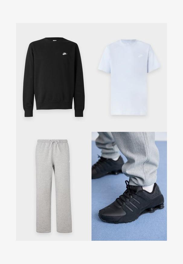 Zwarte sweater van katoen, met een ronde hals, lange mouwen en een klein wit Nike-logo aan de bovenkant van de linkerborst.; Lichtblauwe katoenen t-shirt met korte mouwen, ronde hals en een wit Nike-logo gedrukt op de linkerborst. Glad textuur, eenvoudig ontwerp.; Grijze joggingbroek met een elastische tailleband en trekkoord. Gemaakt van zachte stof, met rechte pijpen en subtiel logodetail.; Persoon in zwarte Nike Shox sneakers en een grijze joggingbroek staand op een lichtblauw tapijt.