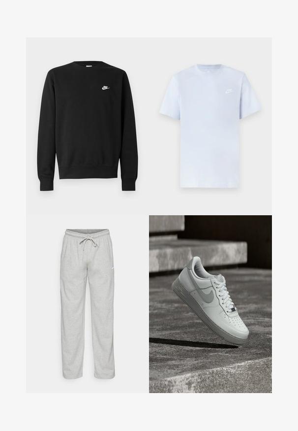 Sudadera negra de algodón, con cuello redondo, mangas largas y un pequeño logo blanco de Nike en el pecho superior izquierdo.; Camiseta de algodón de color azul claro con mangas cortas, cuello redondo y un logo blanco de Nike impreso en el pecho izquierdo. Textura suave, diseño sencillo.; Pantalones de chándal gris claro hechos de una tela suave. Cuentan con una cintura elástica con cordón y el logo de Nike en negro en el muslo izquierdo.; Zapatilla blanca Nike Air Force 1 flotando sobre una superficie de hormigón texturizado con escalones de piedra al fondo.