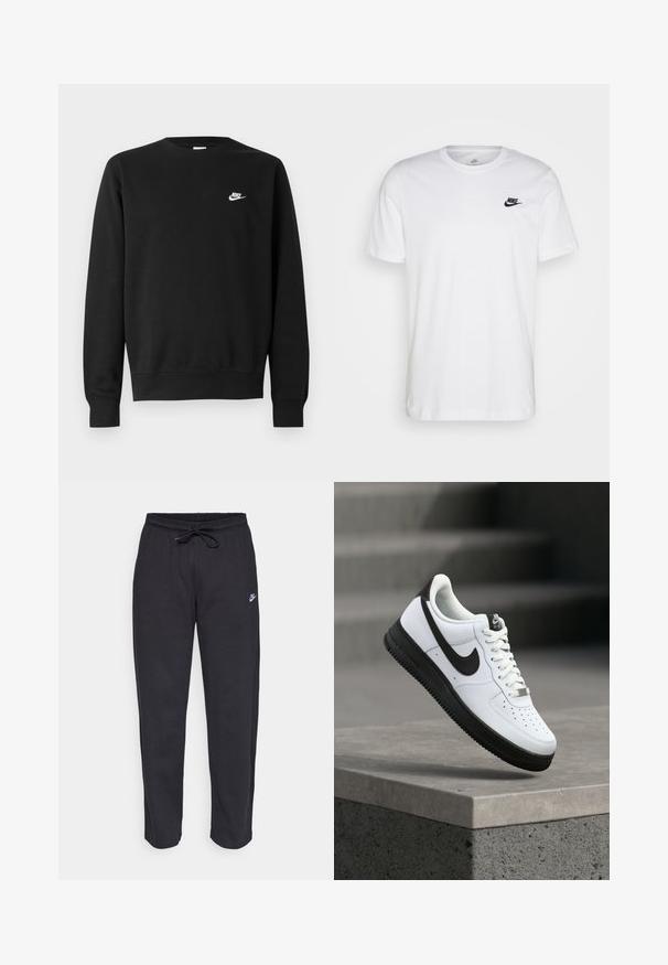 Mustast puuvillast dressipluus, millel on ümar kaelus, pikad varrukad ja väike valge Nike logo paremal ülakõhul.; Valge puuvillane T-särk, millel on ringkaelus, lühikesed varrukad ja must Nike logo vasakul rinnal. Lihtne, ühtlane värvi disain.; Mustad mustad, pehmest kangast, elastse vöökoha, nööriga ja väikese Nike logo'ga vasakul reiel.; Valged nahast tennised mustade detailidega, ümara ninaga ja perforatsioonidega. Musta kummist tald tekstuuriga mustriga ja paelaga kinnitusega.