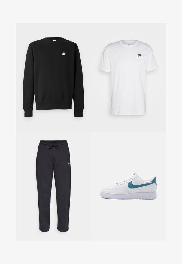 Sweat-shirt noir en coton, avec un col rond, des manches longues, et un petit logo Nike blanc sur la partie supérieure gauche de la poitrine.; T-shirt en coton blanc avec col rond, manches courtes et logo Nike noir sur la poitrine gauche. Design simple, couleur unie.; Pantalons de survêtement noirs en tissu doux, avec une taille élastique, un cordon de serrage et un petit logo Nike sur la cuisse gauche.; Nike Sportswear AIR FORCE ESSENTIAL - Baskets basses - white/smokey blue