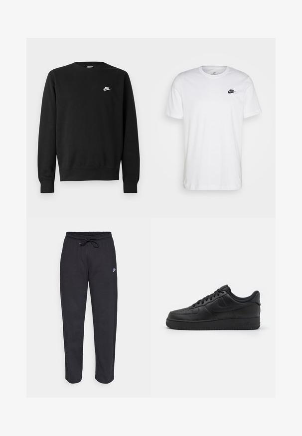 Sort sweatshirt lavet af bomuld med rund hals, lange ærmer og et lille hvidt Nike-logo på øverste venstre bryst.; Hvid bomulds T-shirt med rund hals, korte ærmer og et sort Nike-logo på venstre bryst. Enkel, ensfarvet design.; Sorte sweatpants lavet af blødt stof med elastisk talje, snøre og et lille Nike-logo på venstre lår.; Nike Sportswear AIR FORCE 1 07 FLYEASE - Sneakers - black