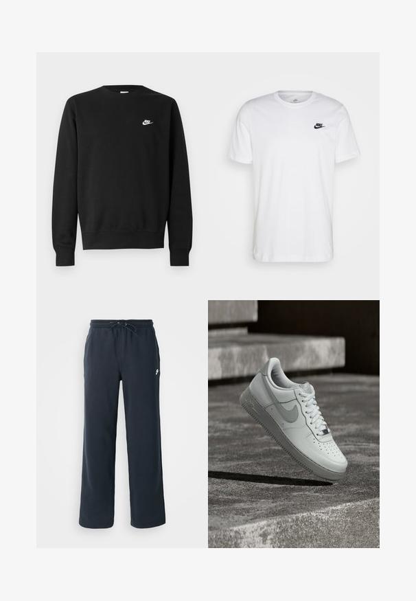 Zwarte sweater van katoen, met een ronde hals, lange mouwen en een klein wit Nike-logo aan de bovenkant van de linkerborst.; Witte katoenen t-shirt met ronde hals, korte mouwen en een zwart Nike-logo op de linkerkant van de borst. Eenvoudig, effen kleur ontwerp.; Donkerblauwe joggingbroek met een elastische tailleband en een trekkoord. Gemaakt van zachte stof, met een klein wit logo op de linkerheup.; Witte Nike Air Force 1 sneaker zwevend boven een geribbelde betonnen ondergrond met stenen traptreden op de achtergrond.