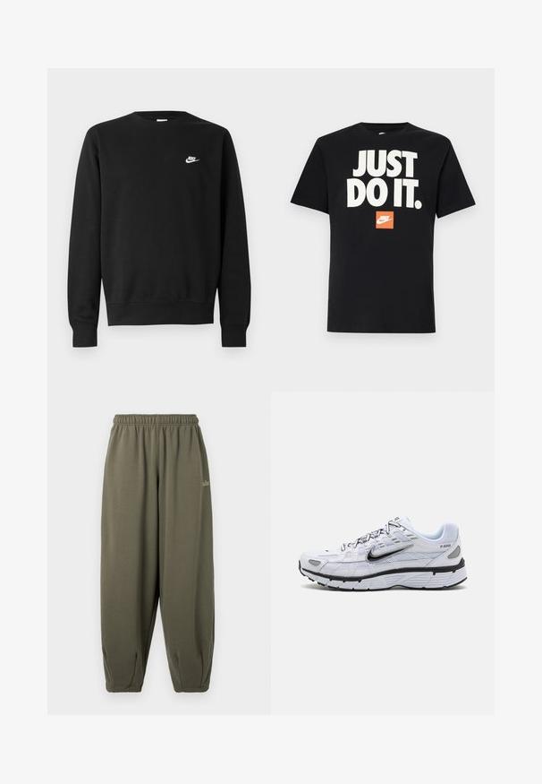 Sort sweatshirt lavet af bomuld med rund hals, lange ærmer og et lille hvidt Nike-logo på øverste venstre bryst.; Sort bomulds T-shirt med korte ærmer. Udstyret med stor hvid tekst "JUST DO IT." ovenfor et lille orange Nike-logo. Standard crew neck design.; Grågrønne sweatpants med elastisk talje og manchetter. Har minimal branding i matchende tråd på siden. Blød tekstur.; Hvide løbesko med mesh-overdel, rund tå, sorte accenter og mønstret sål. Har snøring og branding på siden.