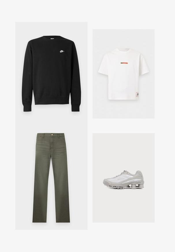 Musta puuvillainen collegepaita, jossa on pyöreä kaula-aukko, pitkät hihat ja pieni valkoinen Nike-logo vasemman rinnan yläosassa.; Valkoinen Nike lyhythihainen T-paita, jossa pieni musta ja punainen "Fussball" logo rinnassa ja suorakaiteen muotoinen etiketti lähellä alareunaa.; Oliivinvihreät suoralahkeiset housut, joissa on vyölenkit, etutaskut ja napillinen vyötärön suljin.; Vaaleanharmaa ja valkoinen urheilukenkä, jossa näkyvä jousimainen pehmustus pohjassa ja verkkokankainen päälliosa.