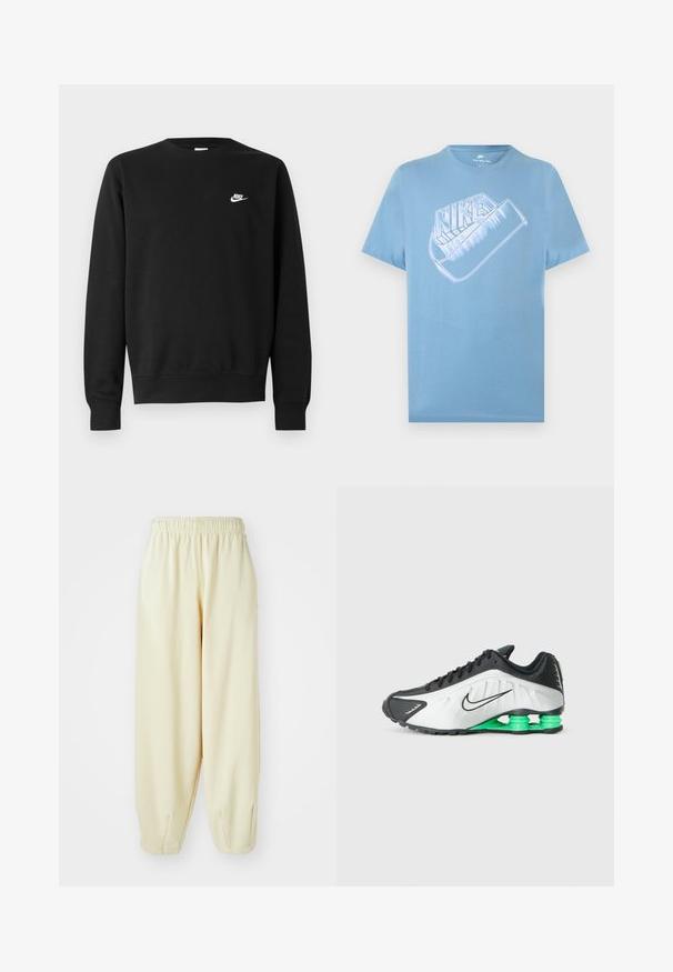 Sort sweatshirt lavet af bomuld med rund hals, lange ærmer og et lille hvidt Nike-logo på øverste venstre bryst.; Lyseblå kortærmet Nike T-shirt med stor stiliseret hvid Nike-logo og swoosh-grafik på brystet.; Cremefarvede sweatpants med elastisk talje, indsnævrede benmanchetter og løs pasform. Fremstillet af blød, letvægtig stof.; Sort-hvide sportsko med grønne accenter, der har et slankt design, tekstureret overdel og en iøjnefaldende segmenteret sål.