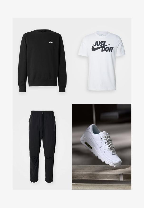 Musta puuvillainen collegepaita, jossa on pyöreä kaula-aukko, pitkät hihat ja pieni valkoinen Nike-logo vasemman rinnan yläosassa.; Valkoinen puuvillapaita, jossa on näkyvä musta "Just Do It" -logo ja Nike-tikkusuora. Klassinen pyöreä kaula-aukko ja lyhyet hihat.; Mustat, kevyet ulkoiluhousut, joissa on joustava vyötärö ja säädettävä nyöri. Varustettu vetoketjullisilla taskuilla ja kapeilla lahkeilla.; Valkoinen nahkasneakers, jossa on teksturoidut pinnat, pehmustettu kaulus ja näkyvä ilmatäyttö pohjassa. Varustettu nauhoilla ja minimalistisella muotoilulla.