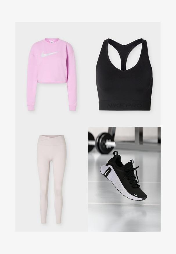 Sweat-shirt court violette claire avec manches longues et logo Nike swoosh blanc centré sur la poitrine.; Brassière de sport Nike Pro noire avec design dos nageur et bande élastique en bas, arborant un discret logo et marquage Nike.; Leggings beige clair taille haute sans coutures avec un détail de ceinture croisée, présentés à plat sur un fond blanc.; Chaussure de sport noire avec une tige en tissu texturé, une semelle blanche et un système de laçage prononcé. Présente un logo Nike et un design doux et rembourré.