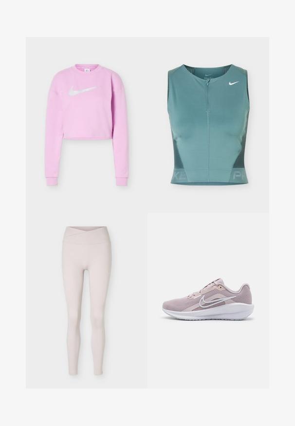 Sweat-shirt court violette claire avec manches longues et logo Nike swoosh blanc centré sur la poitrine.; Haut court de sport sans manches de couleur turquoise avec fermeture éclair à l'avant, panneaux latéraux en mesh et logo Nike swoosh blanc sur la partie supérieure gauche de la poitrine.; Leggings beige clair taille haute sans coutures avec un détail de ceinture croisée, présentés à plat sur un fond blanc.; Baskets de sport rose clair avec une tige en mesh respirante, des accents blancs, un col rembourré et une semelle en caoutchouc texturé pour une meilleure adhérence.