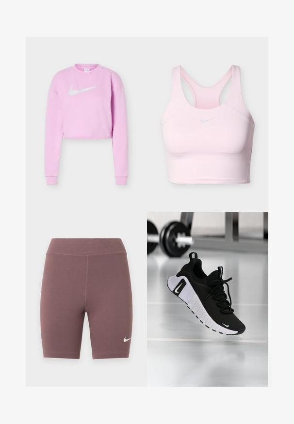 Sweat-shirt court violette claire avec manches longues et logo Nike swoosh blanc centré sur la poitrine.; Brassière de sport Nike rose clair avec design dos nageur et petit logo argenté Nike swoosh au centre devant.; Shorts de cycliste de couleur mauve douce, fabriqués en tissu extensible. Présentent une taille haute et un petit logo swoosh blanc de Nike.; Chaussure de sport noire avec une tige en tissu texturé, une semelle blanche et un système de laçage prononcé. Présente un logo Nike et un design doux et rembourré.