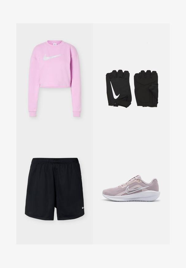 Sweat-shirt court violette claire avec manches longues et logo Nike swoosh blanc centré sur la poitrine.; Shorts de sport Nike noirs avec une taille élastique et un petit logo Nike blanc sur la partie inférieure de la jambe droite, présentés sur un fond clair uni.; Baskets de sport rose clair avec une tige en mesh respirante, des accents blancs, un col rembourré et une semelle en caoutchouc texturé pour une meilleure adhérence.; Gants de gym sans doigts noirs en tissu respirant, avec un logo blanc Nike, des paumes rembourrées et un design ouvert au niveau du poignet pour plus de flexibilité.