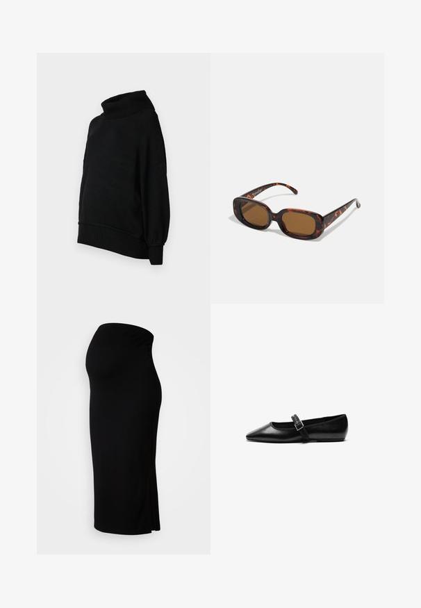 Suéter negro de cuello alto con un corte relajado, textura acanalada y mangas abullonadas. Fabricado con un tejido suave y tiene un dobladillo que llega a la cintura.; MAMALICIOUS MLLIF MIDI SKIRT - Falda de tubo - black; Zapato plano negro de cuero con punta afilada, correa ajustable con hebilla de metal, textura suave y diseño minimalista.; Gafas de sol de carey con forma rectangular, lentes marrones, montura de plástico suave y varillas delgadas que presentan sutiles patrones tonales.
