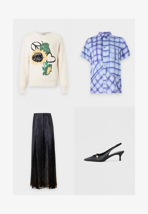 Pull tricoté blanc avec un grand tournesol, des feuilles vertes, un symbole de paix noir et un cœur contour noir à l'avant.; Chemise à manches courtes de couleur bleu clair avec un motif en plaid violet foncé, fermeture à boutons sur le devant, poche poitrine simple et design décontracté.; Jupe plissée noire avec un motif imprimé serpent, tissu brillant et un effet dégradé passant au doré à l'ourlet.; Chaussures slingbacks en cuir noir avec un bout pointu, un talon incurvé et un bouton accent doré sur le côté. Texture lisse et design minimaliste.