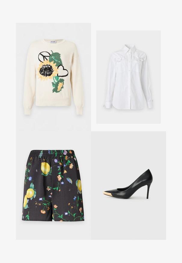 Pull tricoté blanc avec un grand tournesol, des feuilles vertes, un symbole de paix noir et un cœur contour noir à l'avant.; Chemise blanche à manches longues, boutonnée, avec un col et deux poches poitrine, chacune ornée d'un noeud décoratif près du haut.; Shorts à taille élastique noire avec imprimé de citrons jaunes et fleurs multicolores dispersées sur le tissu.; Pompe à talon haut en cuir noir avec bout pointu ; présente une accentuation métallique dorée sur le capuchon. Surface lisse avec un design épuré.