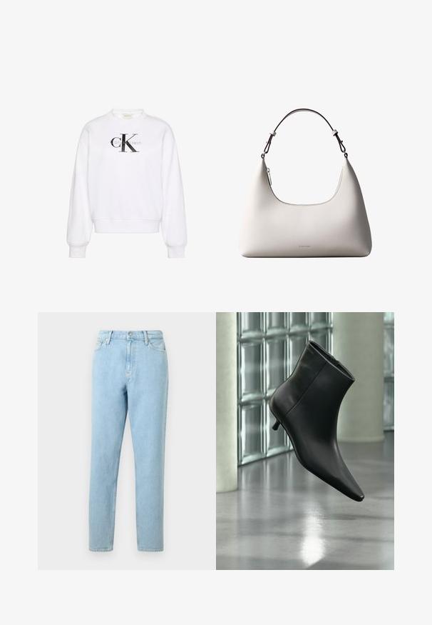 Hvid sweatshirt med rund hals, lange ærmer, ribstrikkede manchetter og kant. Har et stort sort 'CK'-logo på fronten og blød tekstur.; Lyseblå denimjeans med lige ben, femlommers design og knaplukning. Har subtilt slid og en glat tekstur.; Sort læderankelstøvle med spids tå og lav kitten-hæ, vist vinklet mod en poleret gulv- og glasblokvæg.; Cremefarvet skuldertaske i læder fra Calvin Klein med buet topkant, sølvfarvet lynlås og mørkebrun justerbar rem.