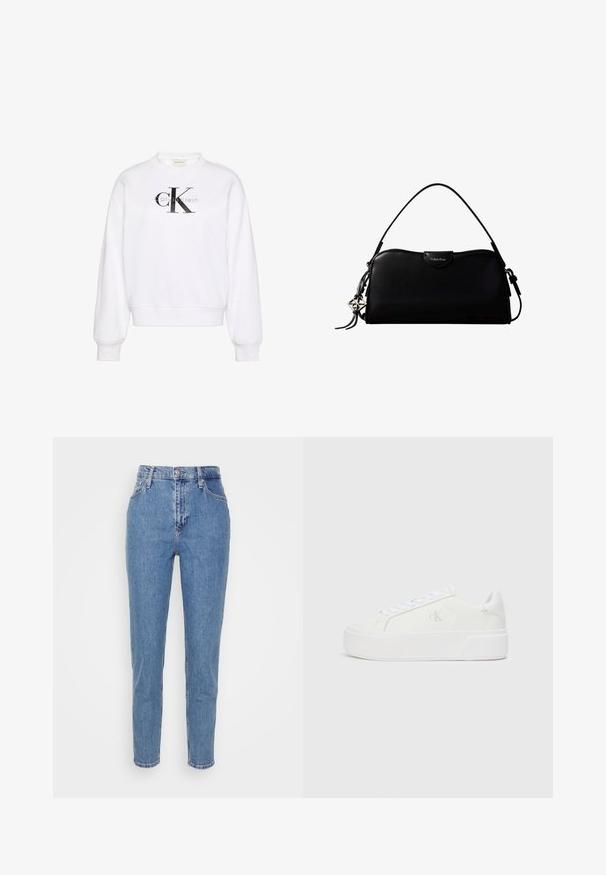 Witte trui met ronde hals, lange mouwen, geribbelde boorden en zoom. Voorzien van een groot zwart 'CK' logo aan de voorkant en een zachte textuur.; Blauwe high-waisted straight-leg jeans met een knoop en rits aan de voorkant, riemlussen en zakken, weergegeven op een effen witte achtergrond.; Witte platform sneakers met een gladleren bovenkant, ronde neus, witte veters en subtiele logodetail aan de zijkant. Platte rubberen zool.; Zwarte rechthoekige Calvin Klein handtas met enkele bovenriem, zilveren logo-ornament en een kleine klepsluiting aan de voorkant.