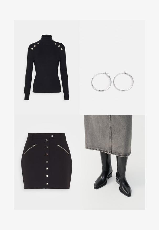 Morgan MIBO - Pullover - noir; Samsøe Samsøe JOLINA SKIRT - Minijupe - black; Bottes de cowboy en cuir noir avec un bout pointu et un talon épais, dotées d'une finition lisse et d'un design élégant, assorties à une jupe grise.; sweet deluxe EARRING - Boucles d'oreilles - silver-coloured