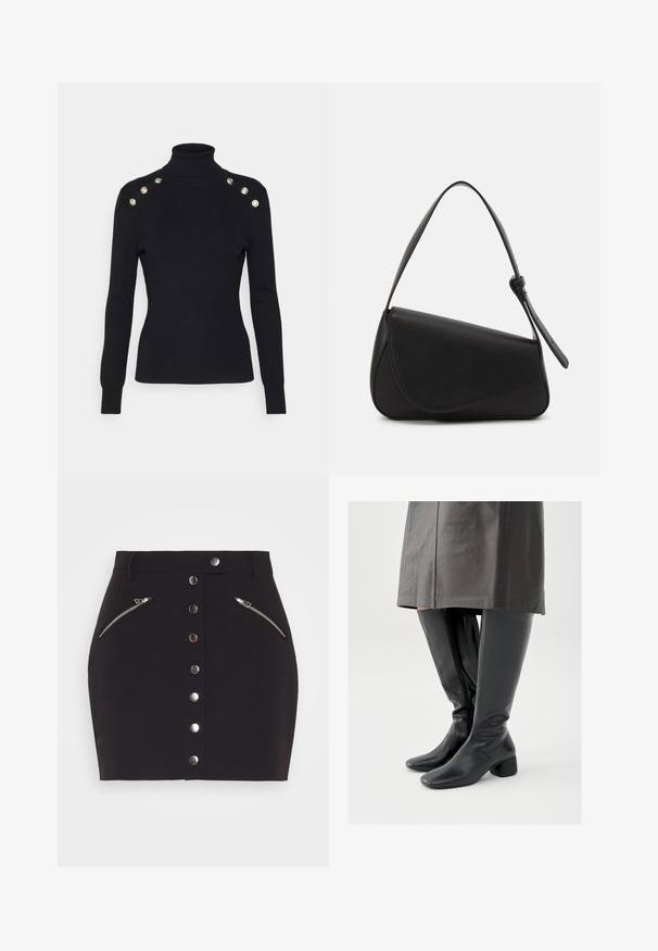 Morgan MIBO - Pullover - noir; Samsøe Samsøe JOLINA SKIRT - Minijupe - black; Bottes en cuir noir montant jusqu'au genou avec un bout carré, un talon bloc incliné et une fermeture éclair latérale ; texture lisse et design ajusté.; Sac à main en cuir noir de forme triangulaire, avec un rabat incliné et une poignée supérieure arrondie. Il présente une texture lisse et des détails de design minimalistes.