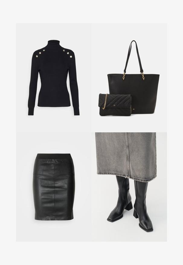 Morgan MIBO - Pullover - noir; Jupe crayon noire en cuir lisse, dotée d'une taille élastique pour une silhouette ajustée et un design minimaliste.; Bottes noires montantes en cuir lisse avec un bout carré et un talon bloc. Portées avec une jupe en denim grise à l'ourlet effiloché.; Sac fourre-tout en simili cuir noir avec deux poignées robustes et des accents dorés, associé à une petite pochette noire matelassée avec une chaîne.