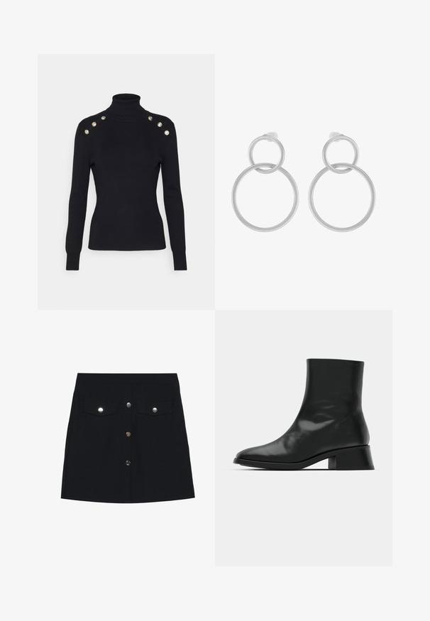 Morgan MIBO - Jersey de punto - noir; Mini falda de mezclilla negra con corte recto, que presenta dos bolsillos en el pecho, cinco cierres de botones plateados en la parte delantera y una textura suave.; Botín negro de tobillo hecho de cuero brillante, con un diseño elegante, punta afilada y un tacón bloque moderado para mayor estabilidad.; Pendientes de metal plateado que presentan dos círculos entrelazados, uno más grande y otro más pequeño, con un acabado cepillado y cierres de presión.