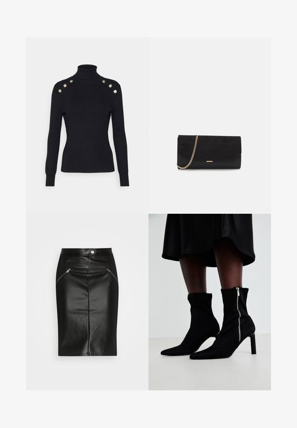 Morgan MIBO - Jersey de punto - noir; Falda lápiz de cuero negro con una textura suave, que presenta dos bolsillos con cremallera en el frente y una silueta ajustada.; Botas negras hasta el tobillo con un cuerpo de tela elástica, punta afilada y cierre lateral de cremallera, sobre un tacón fino y alto.; Bolso de mano negro hecho de ante con un acabado texturizado, que presenta una cadena dorada y un diseño elegante y angular.