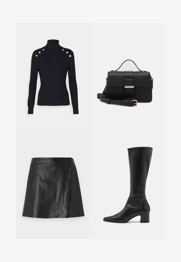 Morgan MIBO - Pullover - noir; Mini-jupe en simili cuir noir avec un détail à l'avant enroulé, fixé par un bouton sur le côté droit, texture lisse et léger éclat.; Botte en cuir noire arrivant au genou avec un bout pointu, des détails de couture minimum et un talon carré épais. Texture lisse avec un fini brillant.; Sac à main en cuir noir avec des accents métalliques dorés, forme rectangulaire, fermeture à rabat, bandoulière réglable, texture lisse, design minimaliste.