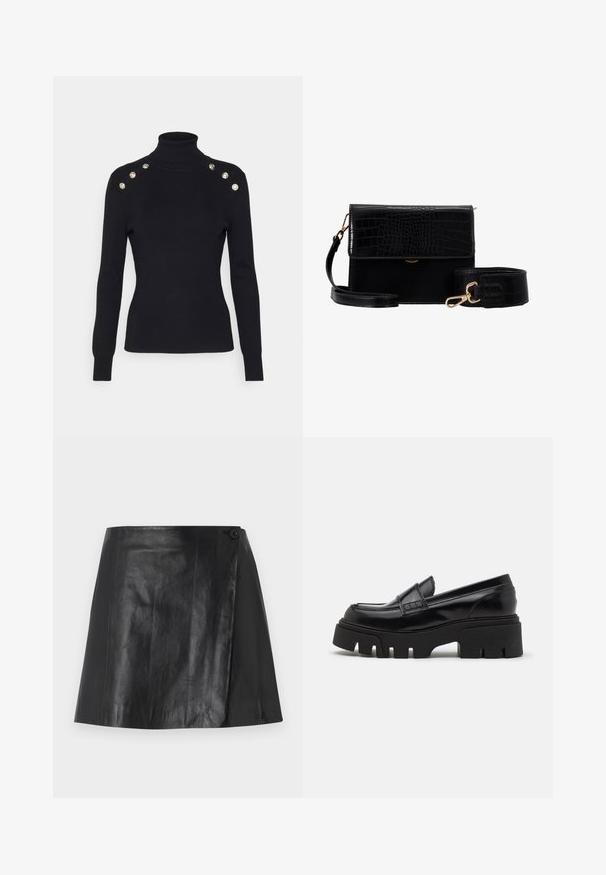 Morgan MIBO - Jersey de punto - noir; Minifalda de cuero sintético negro con detalle de envoltura en la parte delantera, asegurada por un botón en el lado derecho, textura suave y ligero brillo.; Mocasines de cuero negro con una suela de plataforma gruesa y texturizada, y una correa decorativa en la parte superior. Acabado liso y brillante.; Bolso bandolera de faux cuero negro con textura de cocodrilo, herrajes dorados y una correa desmontable. Cuenta con un cierre de solapa y un compartimento interior.
