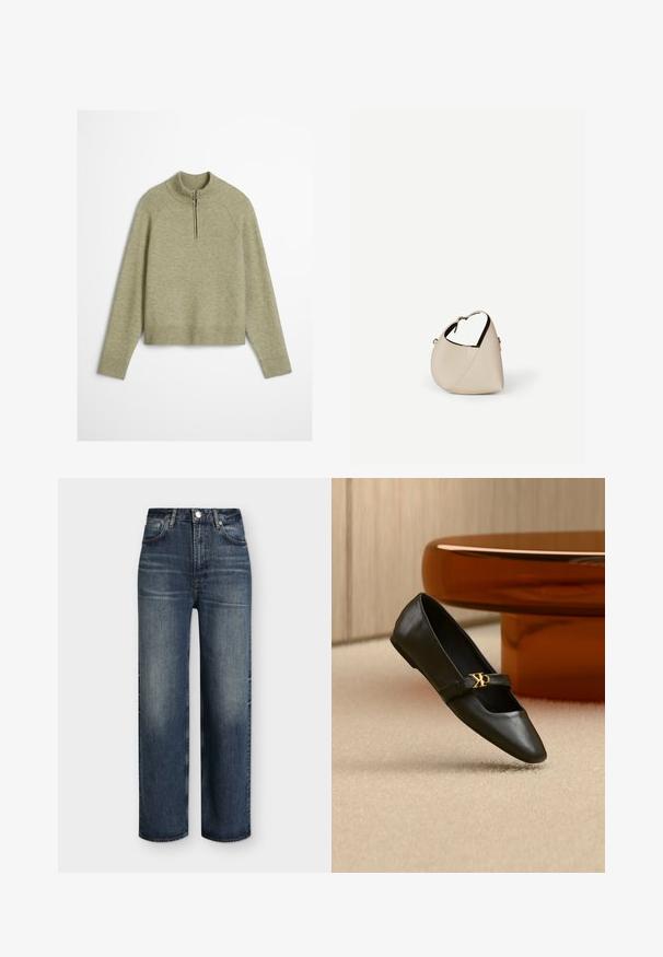 Lys grøn pullover sweater lavet af et blødt, tekstureret stof, med en halv lynlås ved kraven og ribbede manchetter og kant.; Mørkeblå jeans med høj talje og lige ben, med forlommer, bæltestropper, knaplukning og diskrete falmede detaljer på lår og knæ.; Sort læder flad sko med spids tå og gyldent CK-logo på rem, placeret på beige tæppe nær et rundt ravbrunt bord.; Beige læder håndtaske i halvmåneform med en enkelt skulderrem og minimal syning, sat mod en ensartet hvid baggrund.