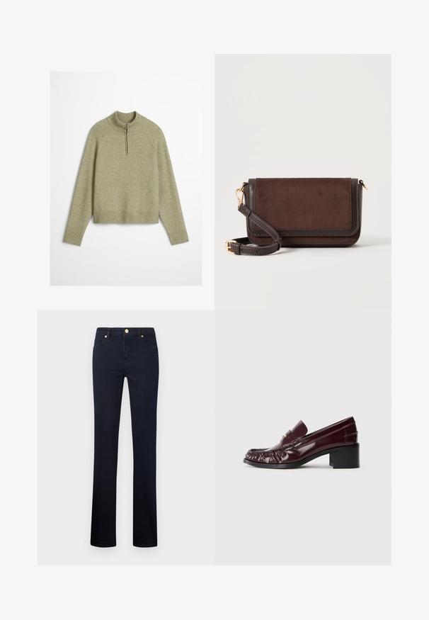Lys grøn pullover sweater lavet af et blødt, tekstureret stof, med en halv lynlås ved kraven og ribbede manchetter og kant.; Marineblå denimjeans med lige ben, featuring et klassisk fem-lomme design, messingknapdetalje og en glat tekstur.; Bordeaux læderloafer med rund tå, samlet tekstur foran og en kort, sort blokhæl. Guldaccents på vamps.; Mørkebrun ruskind- og læderrektangulær crossbody-taske med justerbar rem og guldfarvede beslag på hvid baggrund.