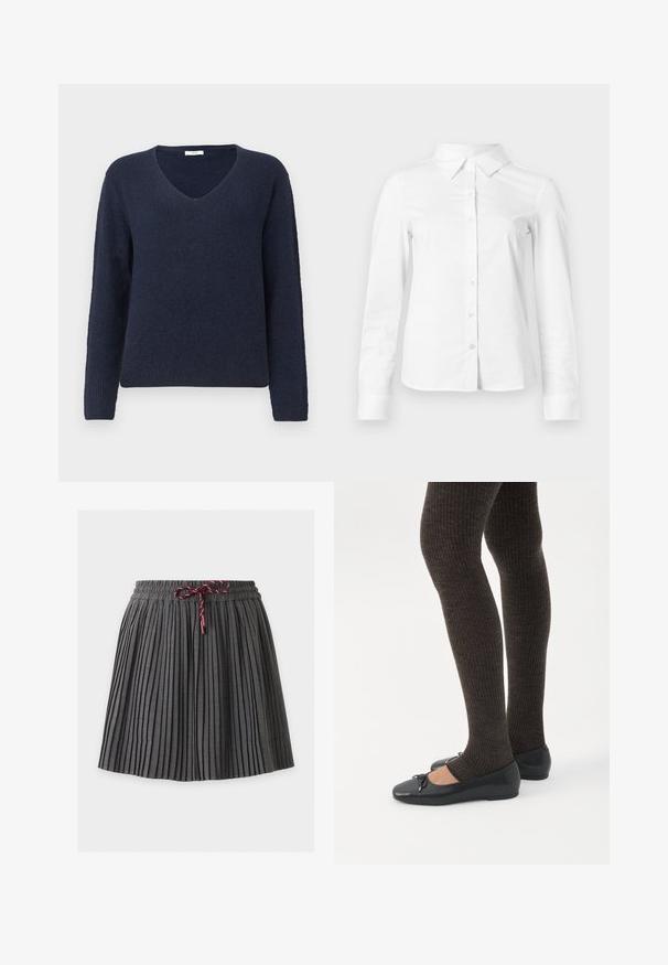 Mørkeblå ribstrikket sweater med lange ærmer og V-hals, vist på en ensfarvet lys baggrund.; Hvid skjorte med lange ærmer, knapper, spids krave, lige kant og tætsiddende silhuet, vist på en ensartet lys baggrund.; Mørkegrå plisseret nederdel med elastik i taljen og en bundet vinrød snor foran i midten.; Ben iført mørke ribbede leggings kombineret med sorte balletsko med små sløjfedetaljer på hvid baggrund.