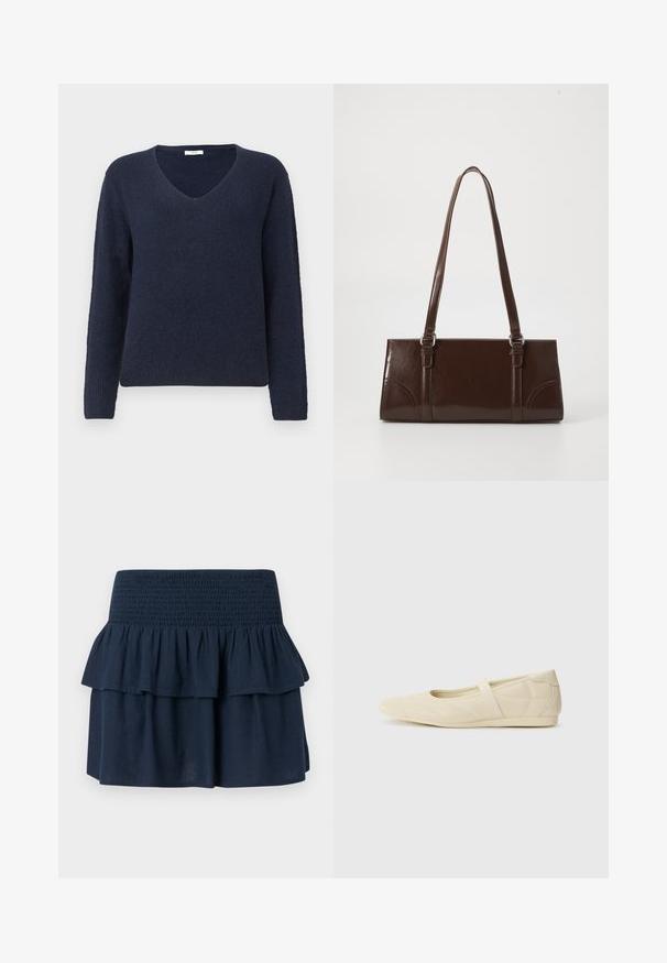 Navyblauwe ribgebreide trui met lange mouwen en een V-hals, weergegeven op een effen lichte achtergrond.; Marineblauwe minirok met brede geplooide tailleband en gelaagde ruches bovenaan.; Beige ballerina's met een gladde leren buitenkant, amandelvormige punt en elastische band over de wreef, met subtiele stiksels.; Bruine lakleren handtas met een rechthoekige vorm, twee lange handvatten en subtiele gebogen accenten aan de voorkant.